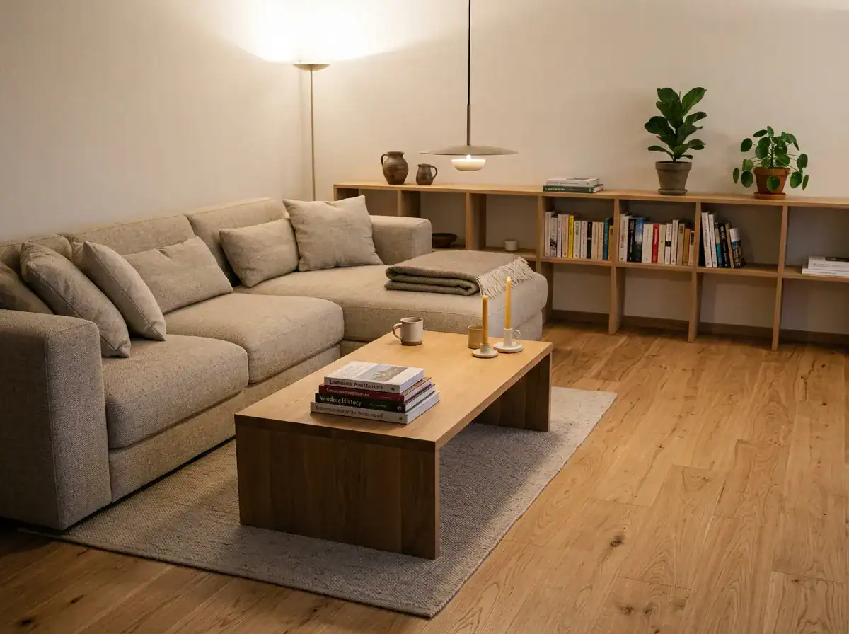Salon avec canapé beige, table en bois et étagère en bois clair.